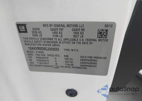 2012 GMC Acadia Slt-1 z USA, uszkodzony, nr VIN 1GKKVRED8CJ360033